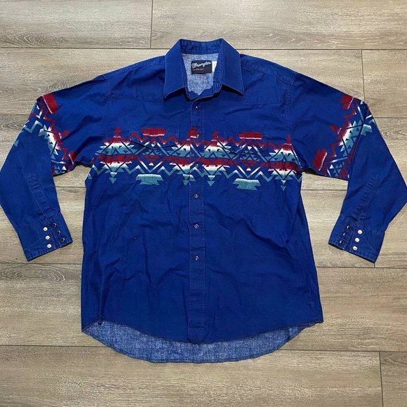 Wrangler Other - Wrangler Mens Aztec Southwestern Native Blue Pearl Snap Shirt XL
